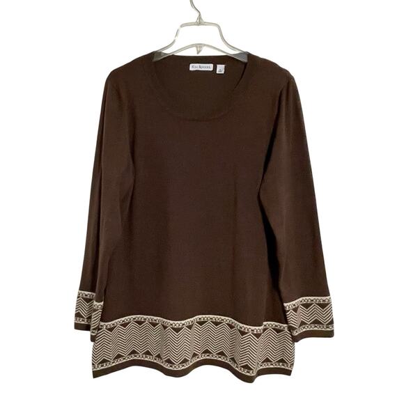 Kim Rogers Knit Chevron Trim Top Size XL Dark Brown Cream Casual Basic Fall - Picture 8 of 8